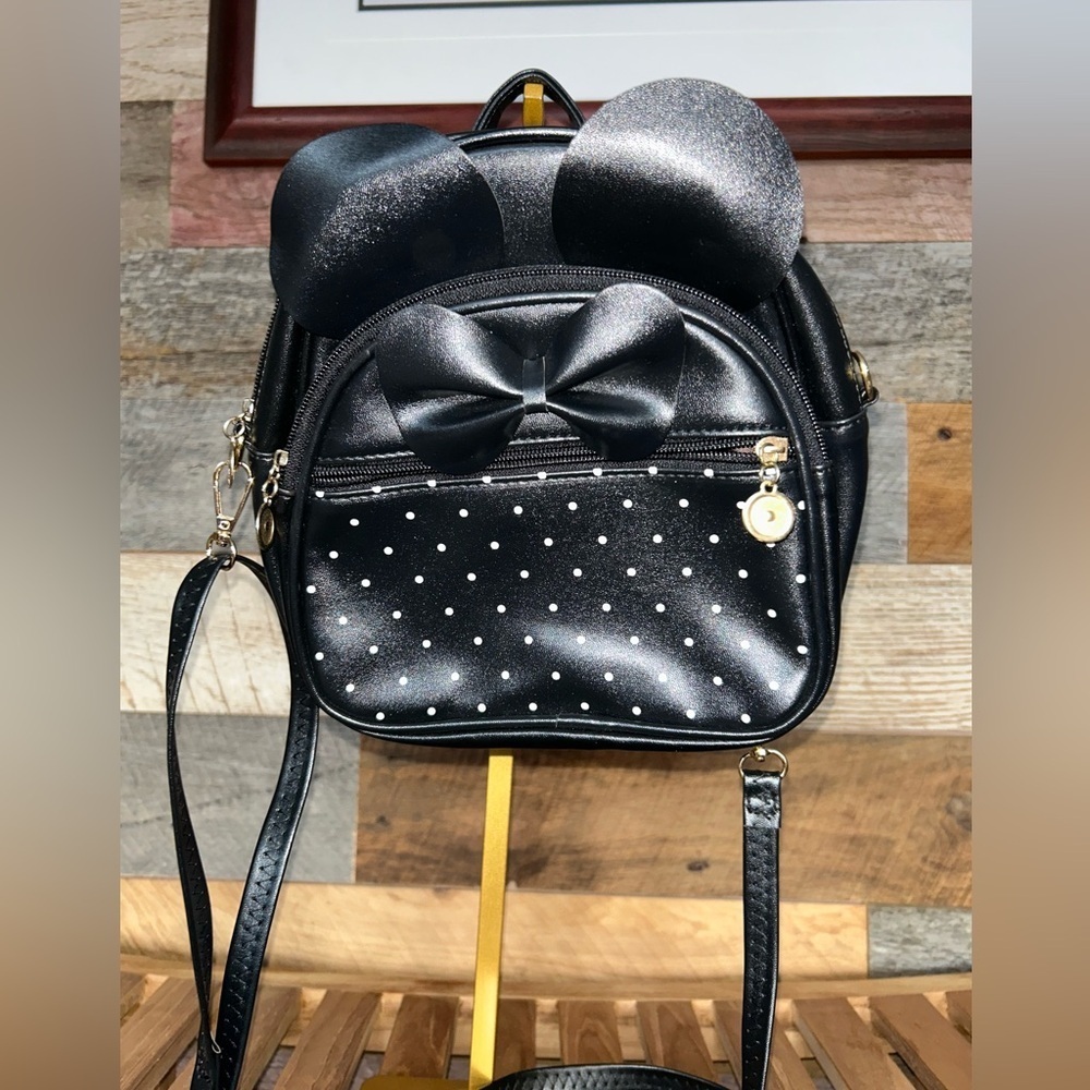NWOT-Mickey Mouse Mini  Backpack Black Bow Ears Polka Dot